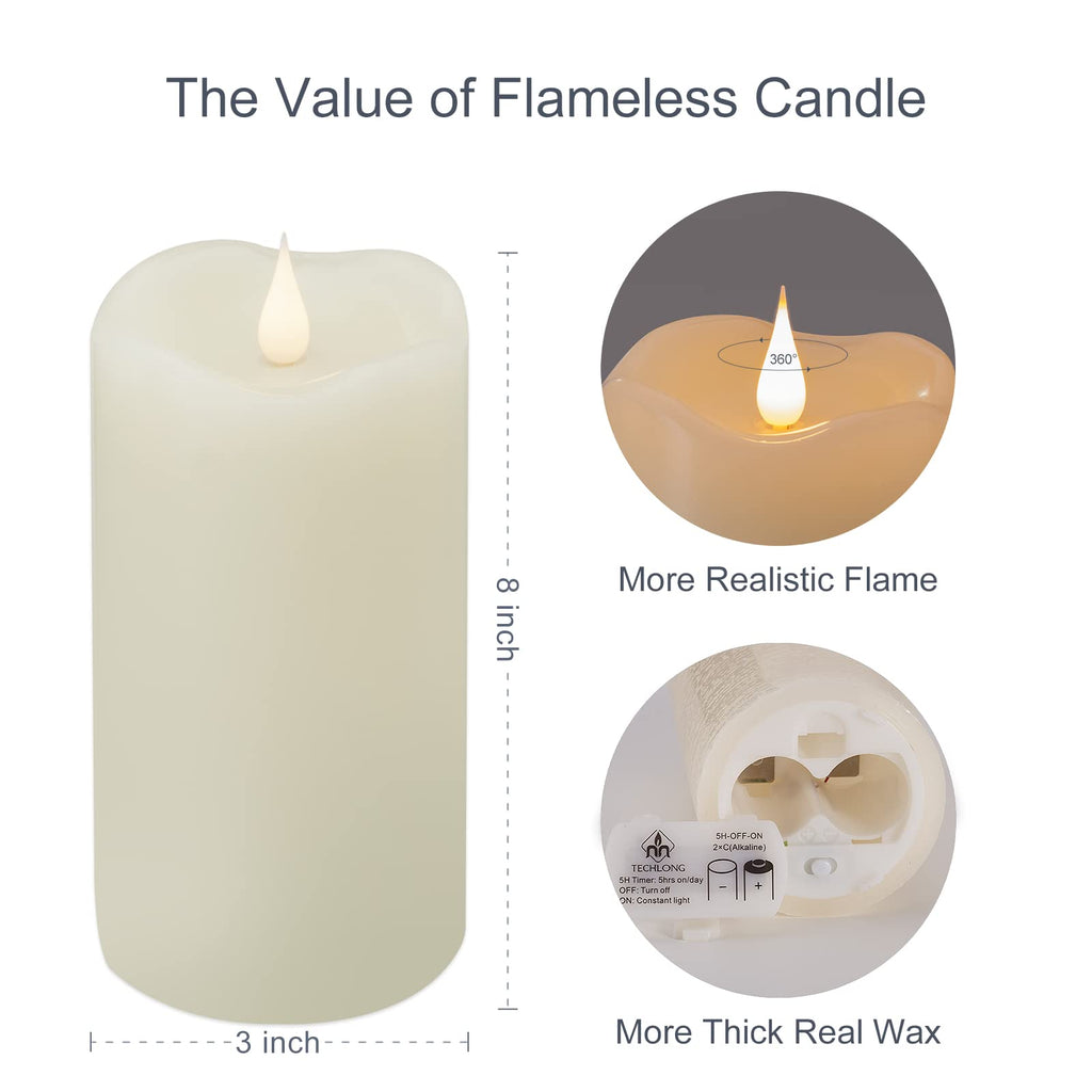 Flickering Flameless Candles with 3D Moving Flame, Last 1000+ Hours Battery Operated Candles with Timer, Ivory Real