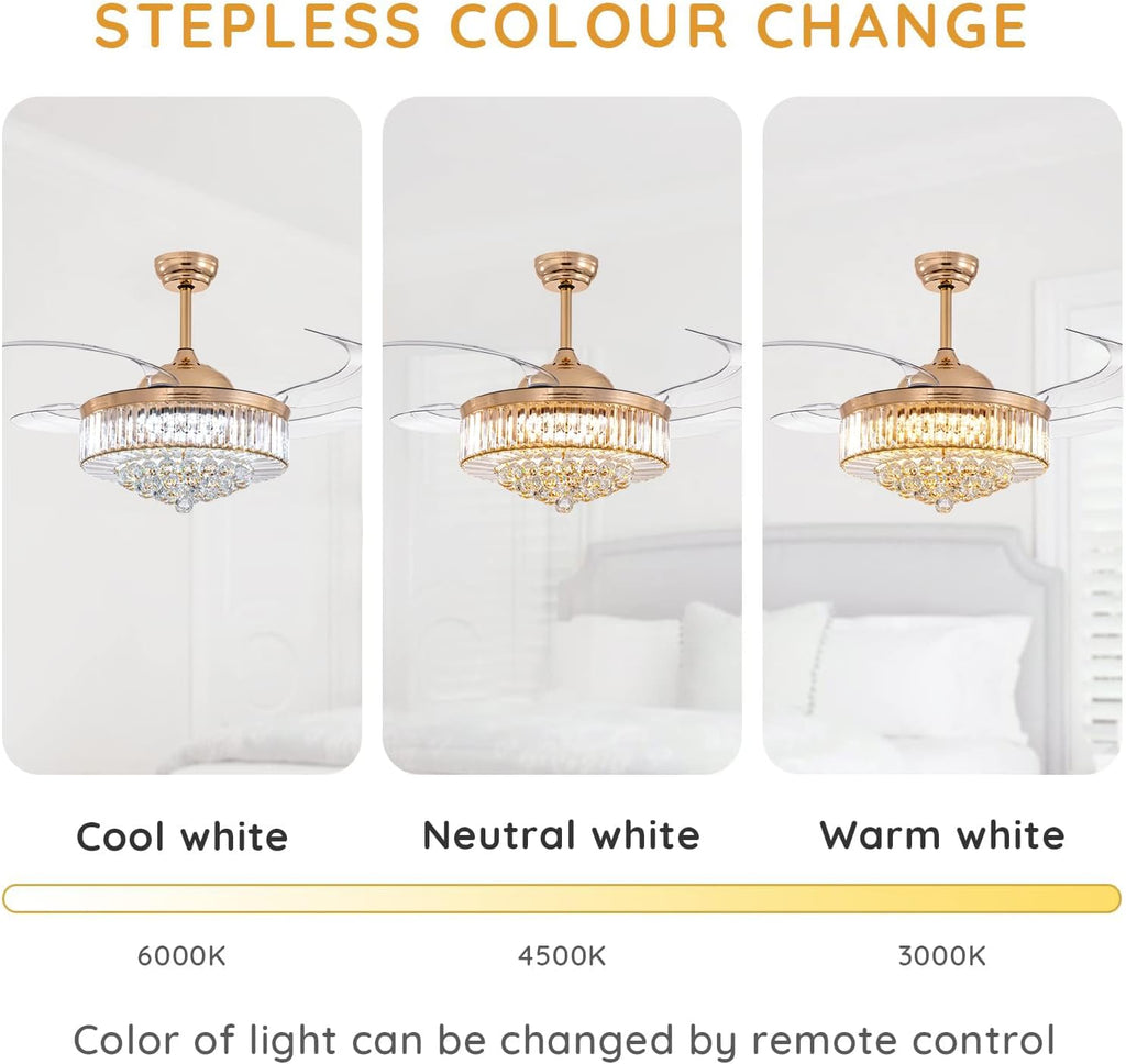 48" Gold Crystal Retractable Ceiling Fan with Light & Remote