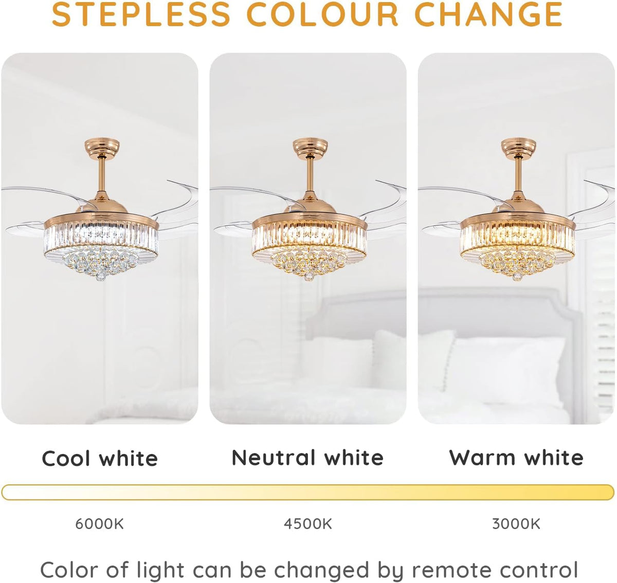 48 Inch Crystal Ceiling Fan with Light and Remote Modern Dimmable Fandelier Invisible Retractable Chandelier Fan Gold