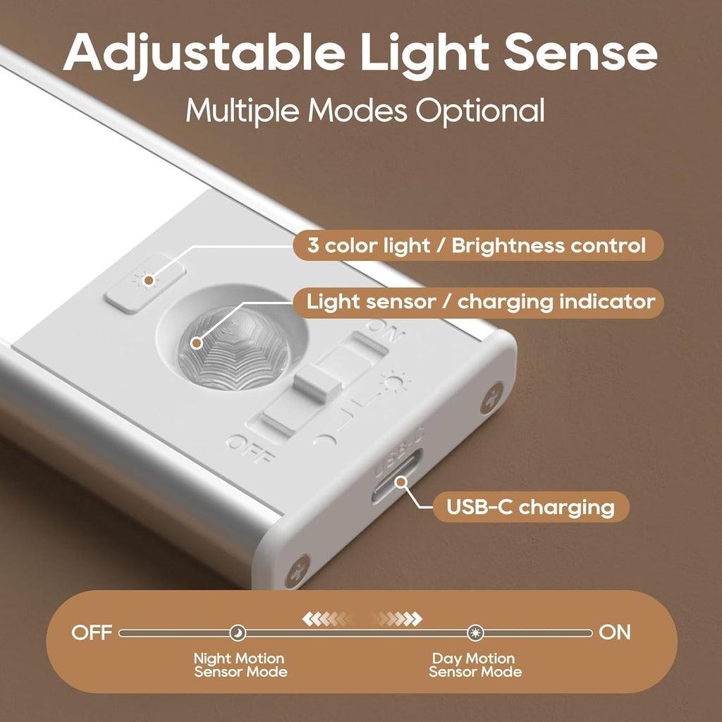 Under Cabinet Lighting, 2 Pack 13 Inch 3 Color Temperatures Motion Sensor Light indoor, USB Rechargeable Under