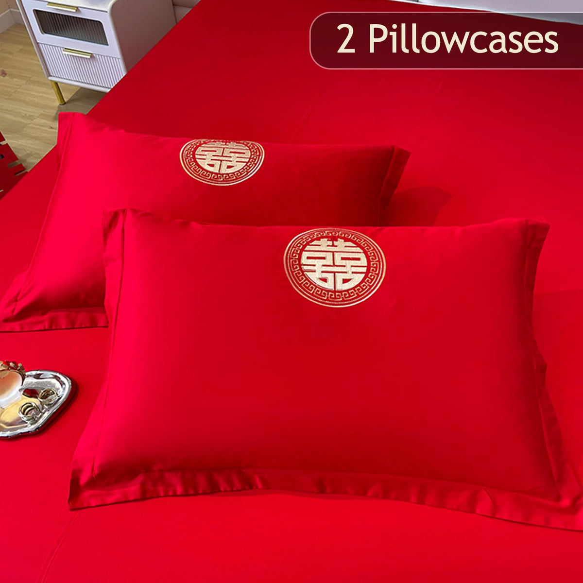 Chinese Red Wedding Bedding 4Pcs Set, Double Happiness Embroidered Duvet Cover Set No Comforter, Soft Cotton Flat
