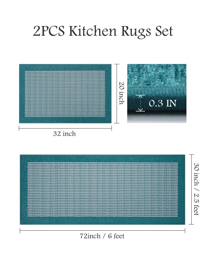 Extra Large Kitchen Runner Rugs and Mats 2PCS, 2.5'x6'+20"x32", Teal