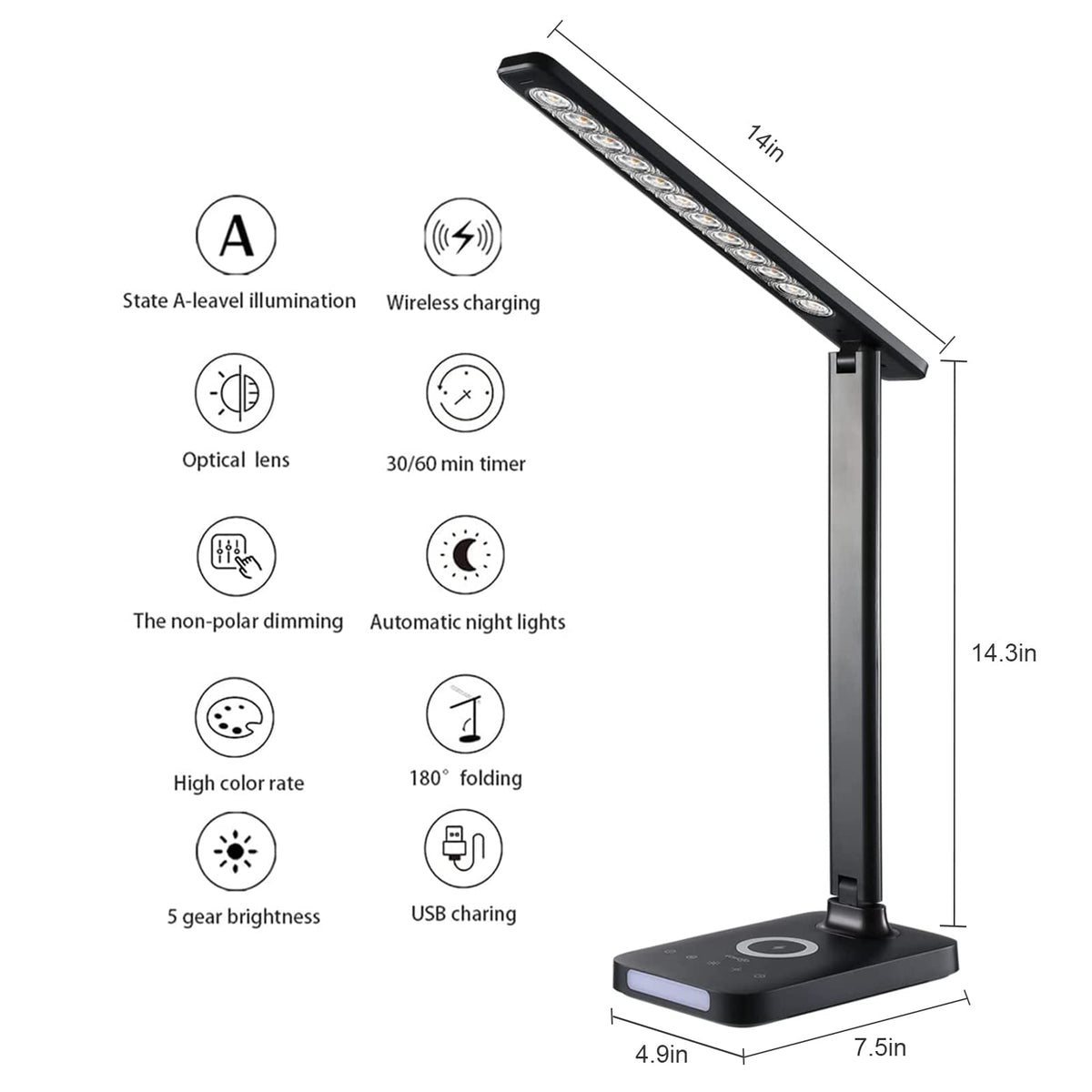 LED Desk Lamp with Fast Charger, USB Charging Port, Desk Light with 5 Brightness Levels, Touch Control, 30/60 min