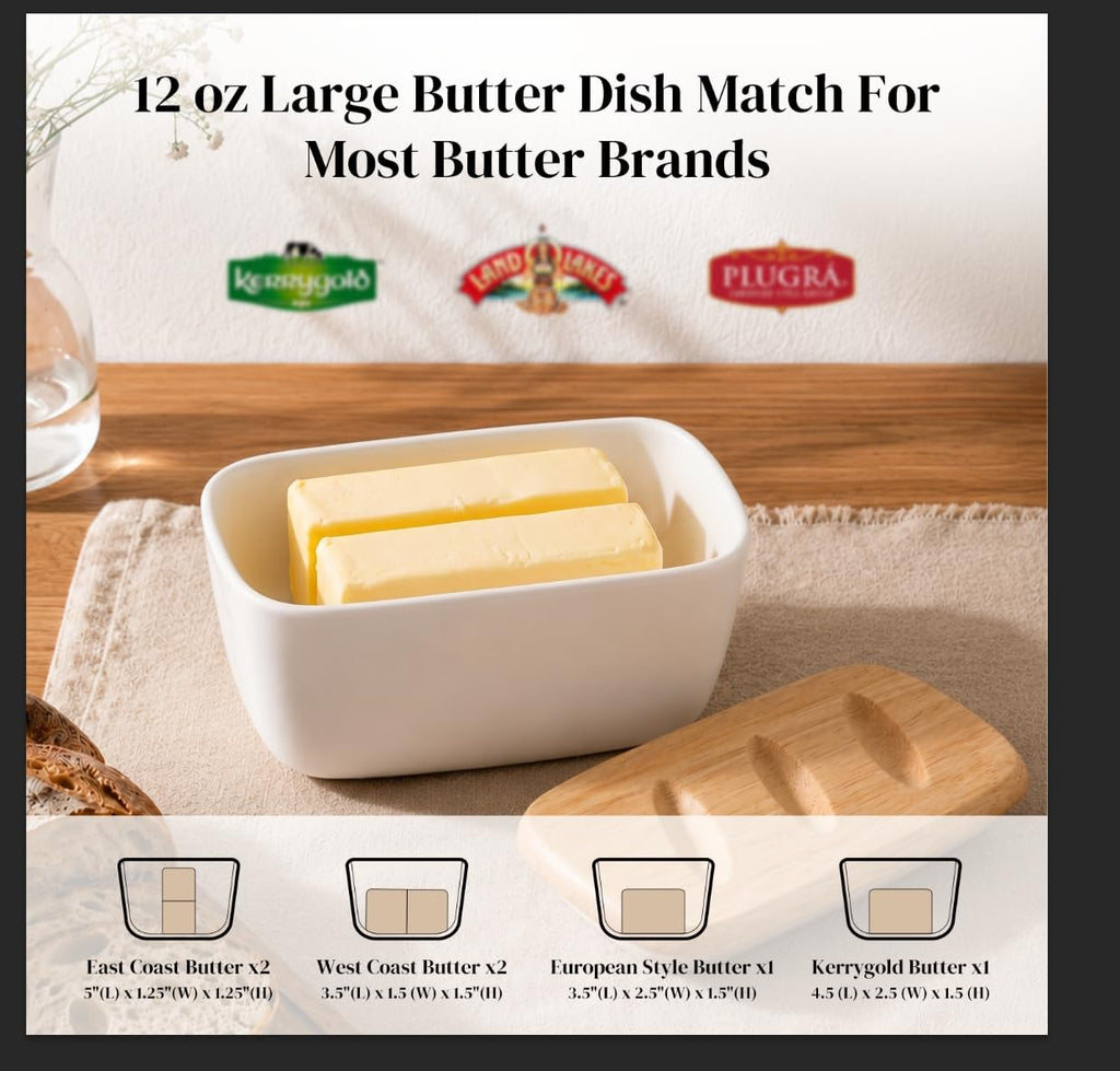 6.5" Large Butter Dish - Ceramic Butter Dish with Lid for Countertop - White Butter Keeper Holds Up to 3 Sticks