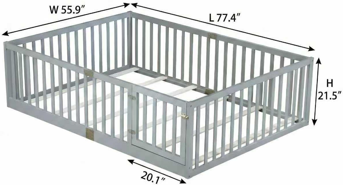 Toddler Floor Bed with Door&High Rails, Grey