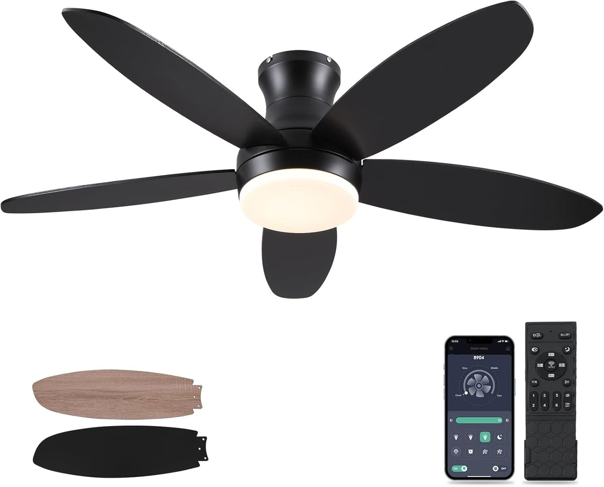 48" Black Outdoor Flush Mount Ceiling Fan with Light & Remote
