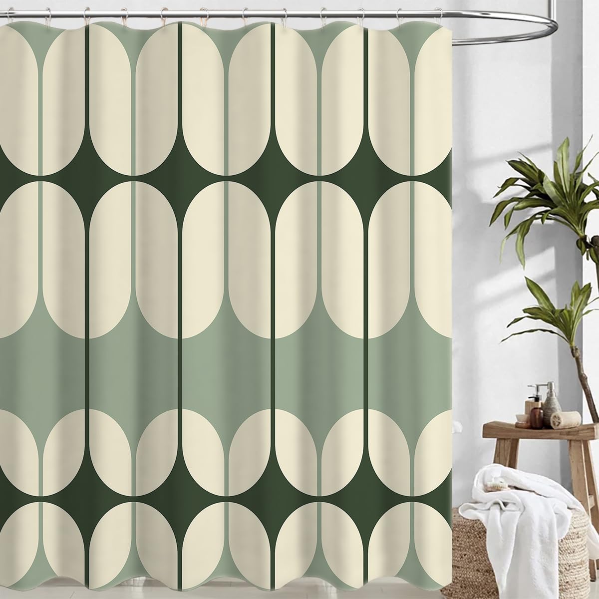 Boho Sage Green Shower Curtain Sets, Abstract Retro Geometric Shower Curtain, Morden Boho Bathroom Decor Bath