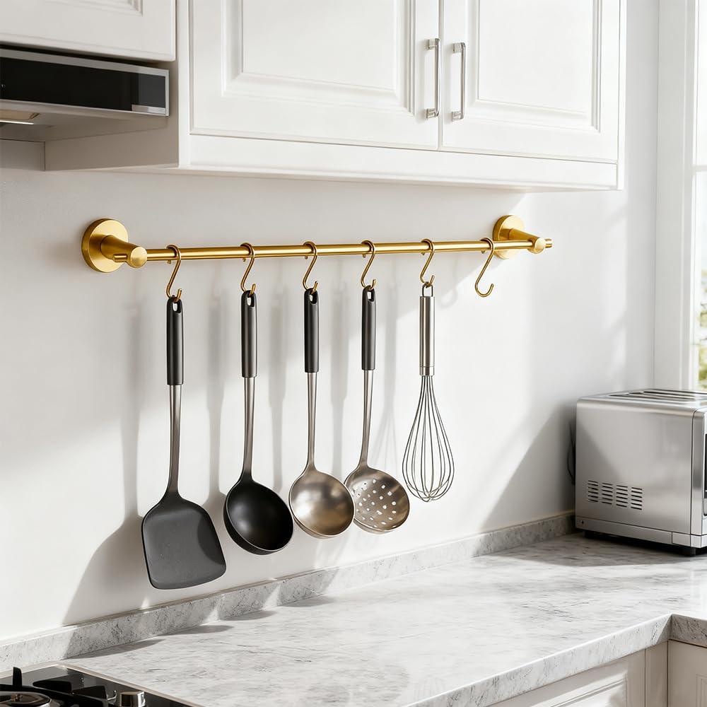 Pot Rack Wall Mounted, 21 inch Hanging Pot and Pan Hanger, Stainless Steel Kitchen Rail Coffee Mug Rack with 10 S
