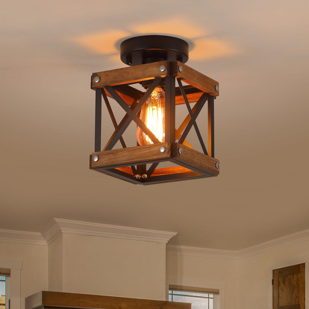 Farmhouse Wood Flush Mount Ceiling Light Fixture Oak Wood and Metal Square Cage Small Semi Flush Mount Ceiling Light