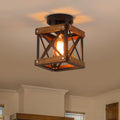Farmhouse Wood Flush Mount Ceiling Light Fixture Oak Wood and Metal Square Cage Small Semi Flush Mount Ceiling Light