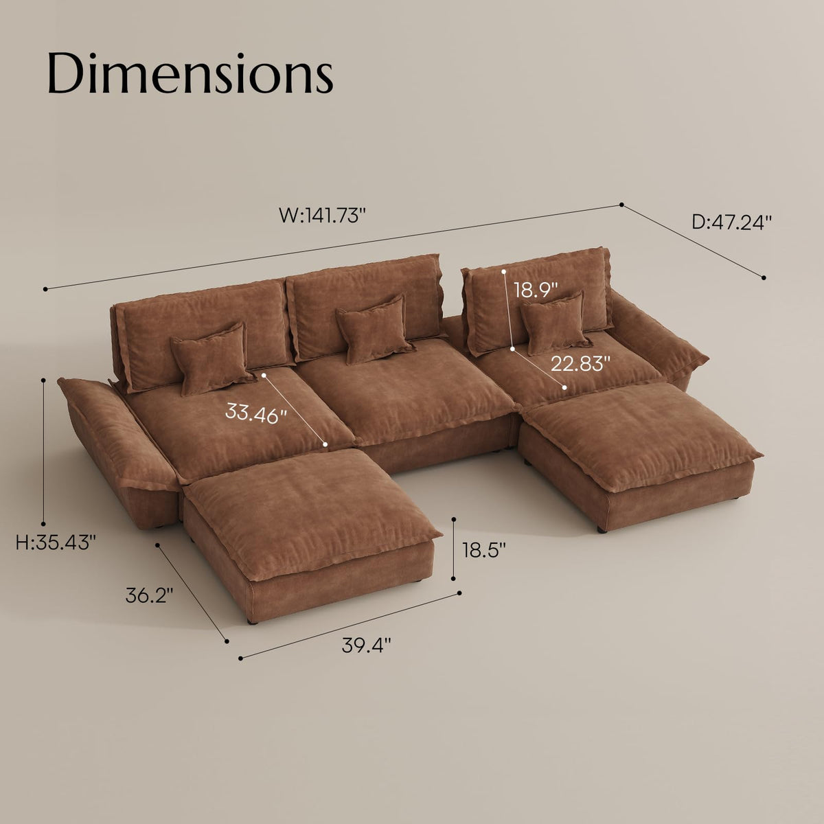 Hudson 141.7'' Oversized Modular Sectional Sofa, 5 Seater, Brown