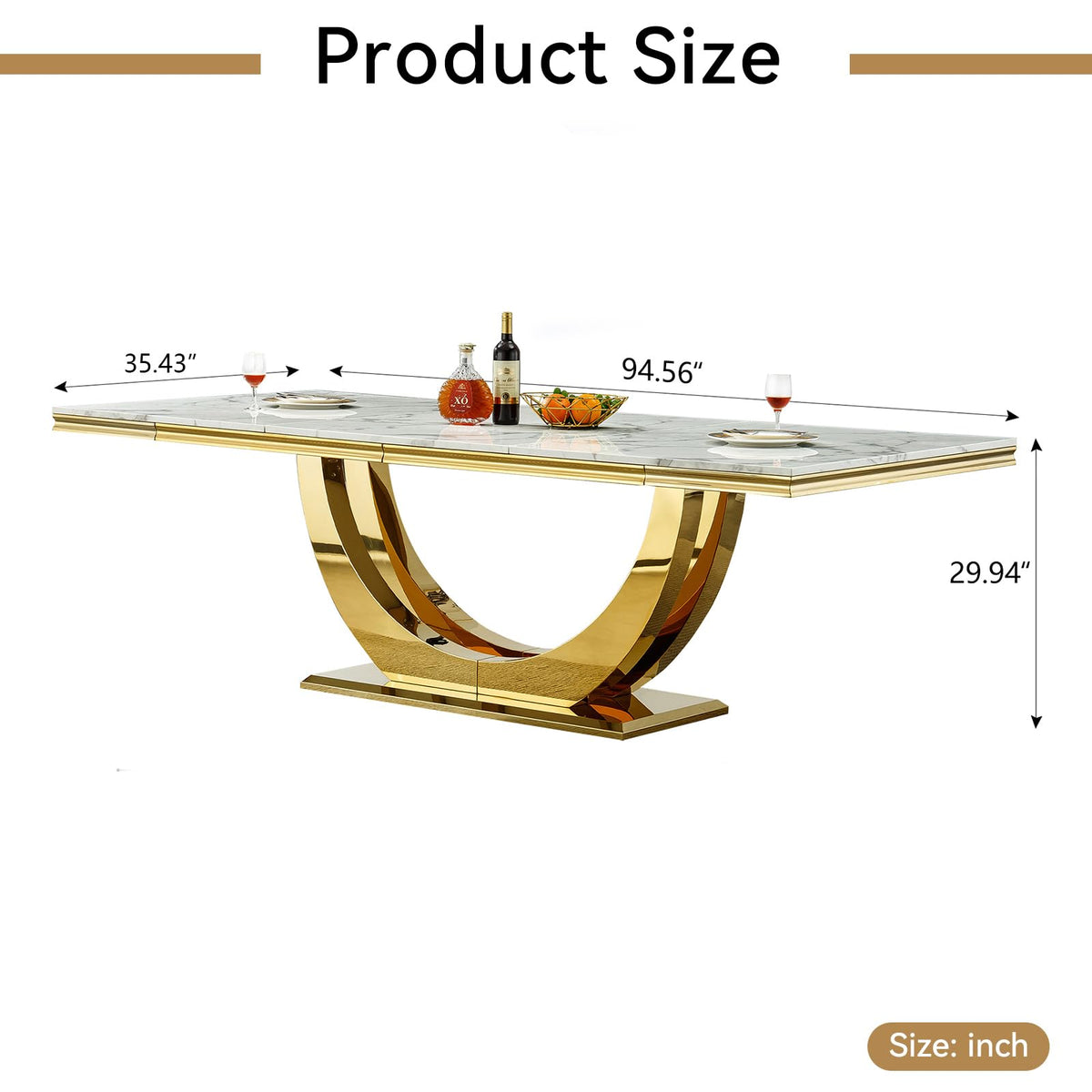 94" Faux Marble Dining Table for 8-10 Gold Stainless Steel Base