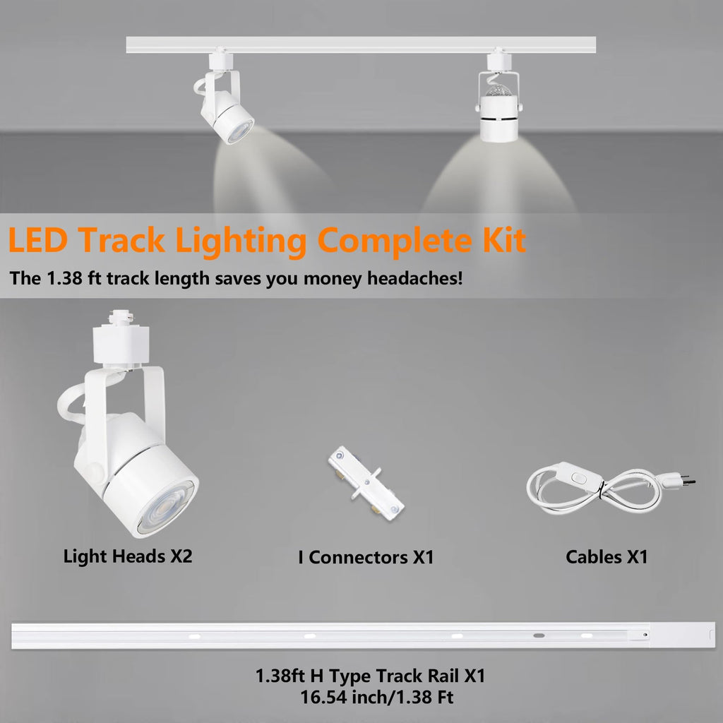 Plug in LED Track Lighting Kit 4000K Natural White 10W 2PCS White H Type