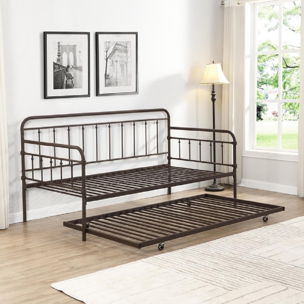 Classic Farmhouse Wrought Iron Metal Daybed with Free Standing Trundle