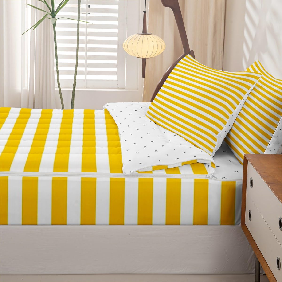 Stripe Zipper Bedding Set Yellow White Striped