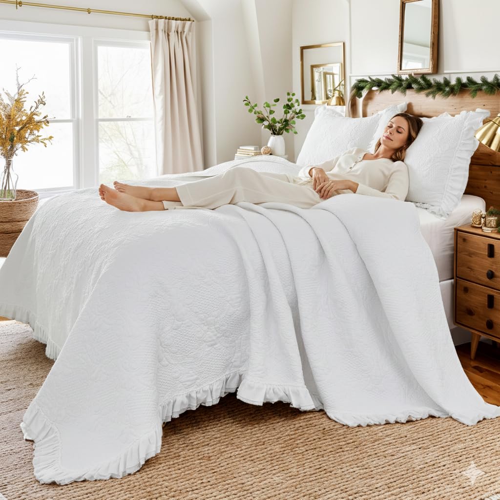 White Quilt Set Cotton Paisley Stitched Matelasse Coverlet