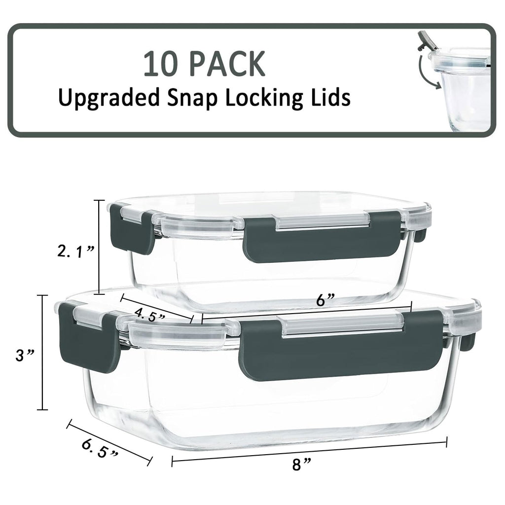 10 Pack Glass Food Storage Containers with Lids, Gray