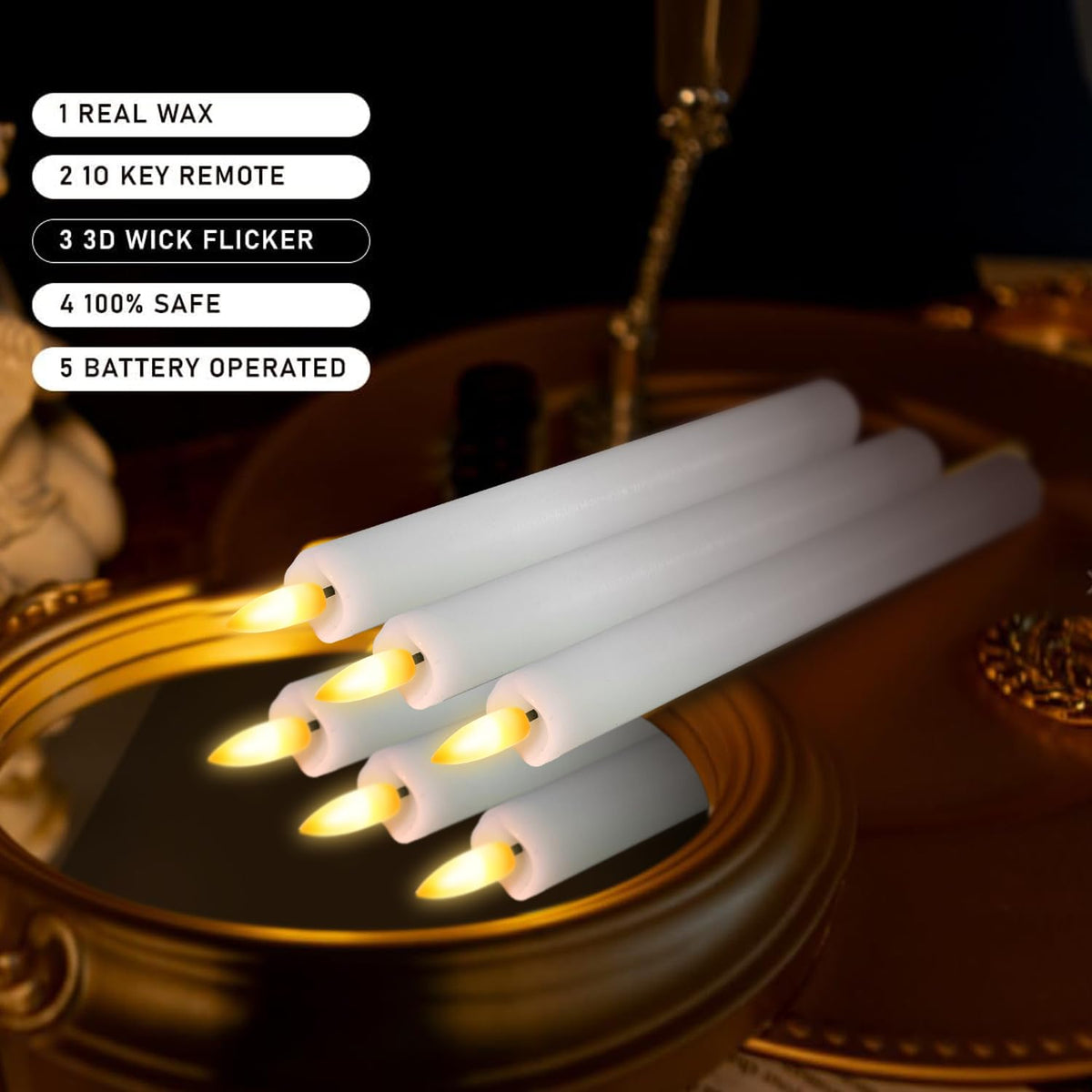 Upgraded Real Wax LED Flameless Taper Candles with Remote, 8 Inch White Candlesticks Battery Operated 3D Flickering