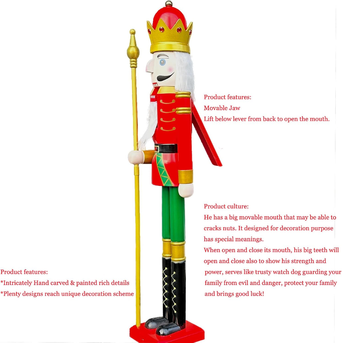 5 Feet Tall Life Size Large Christmas Wooden Nutcracker King Red and Green BK3
