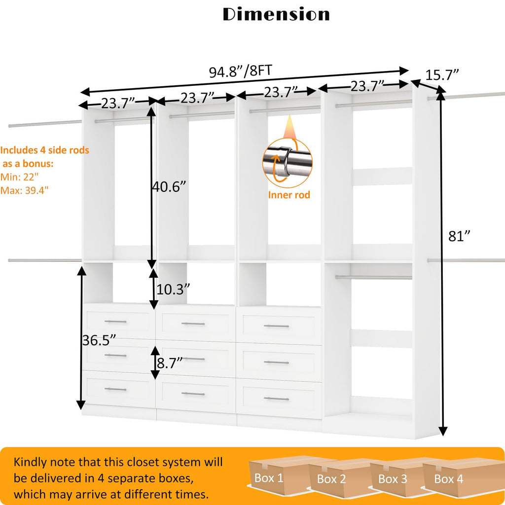 Closet System with 9 Drawers, 8FT-21FT Closet Organizer Systems with 9 Hanging Rods, Walk in Closet Freestanding