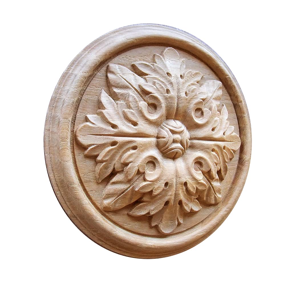 2PCS Wood Carved Rosette Applique Deeply Carved 3" Leaf Round Onlay for Door, Cabinet, Fireplace Mantel, and
