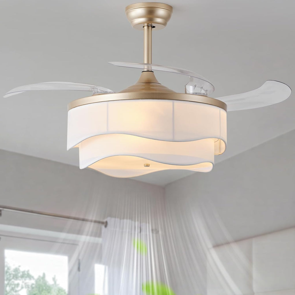 42" Gold Caged Chandelier Retractable Ceiling Fan with Light & Remote