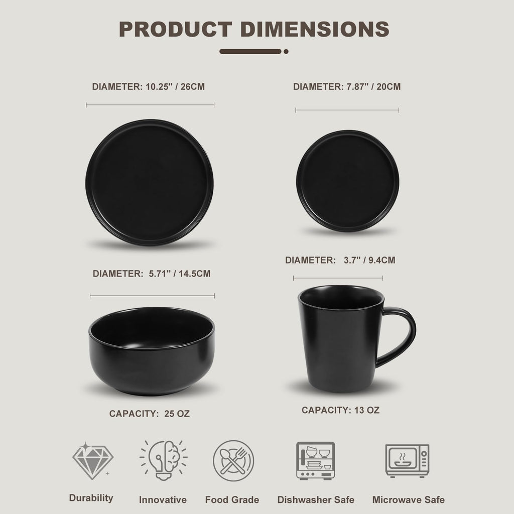 16-Piece Ceramic Dinnerware Sets with Mugs for 4, Black Plates and Bowls Set with Classic Design, Scratch Resistant