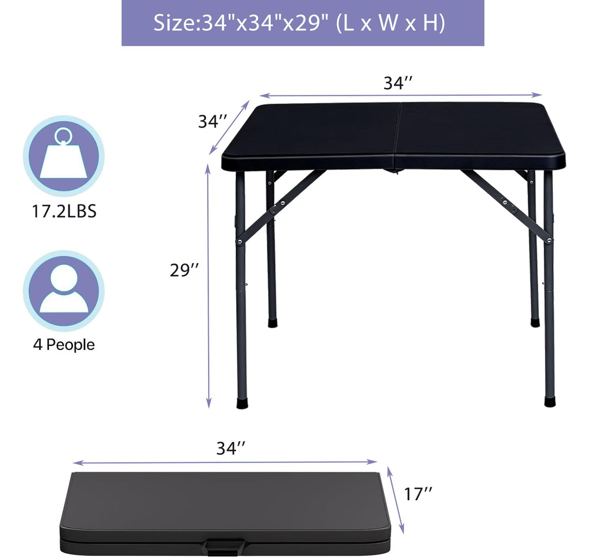 34" Square Folding Card Table, Fold in Half Heavy Duty Portable Table with Removable Legs and Carrying Handle, White