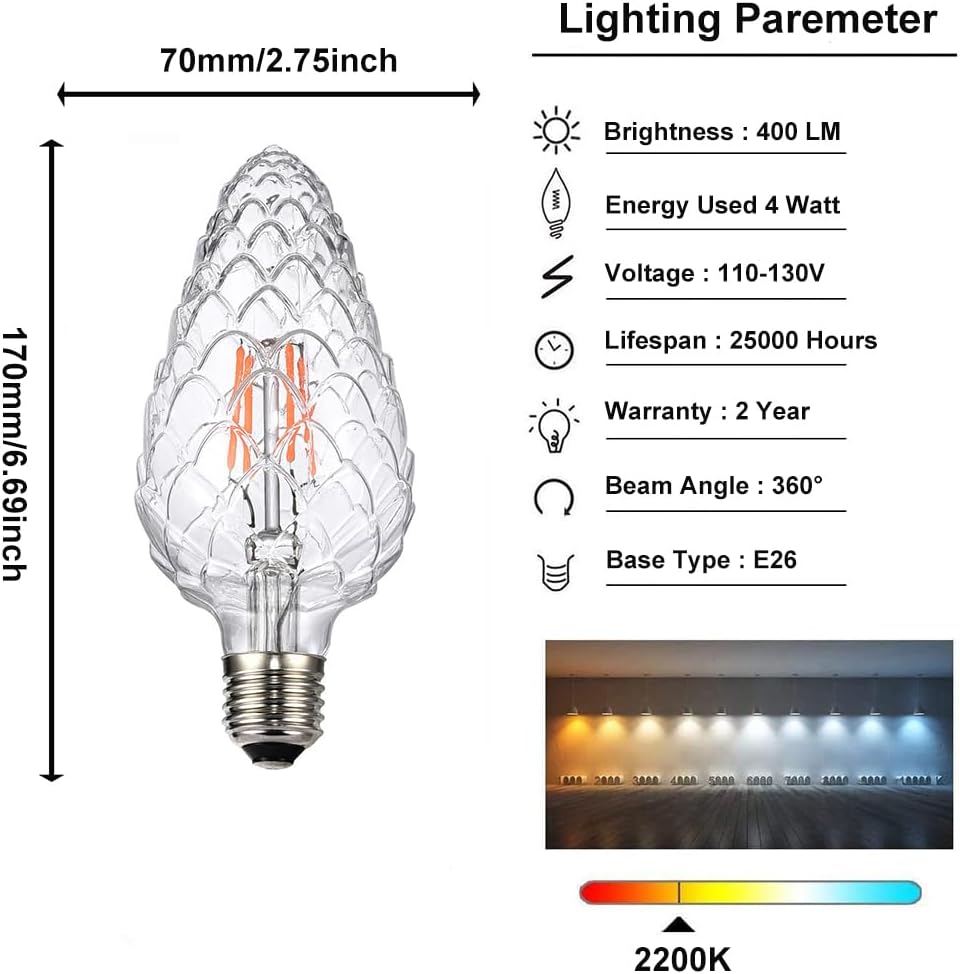 Vintage LED Edison Bulb G30 4W Dimmable LED Filament Bulb Pinecone Shaped Light Bulb 2300K Warm White E26 400LM