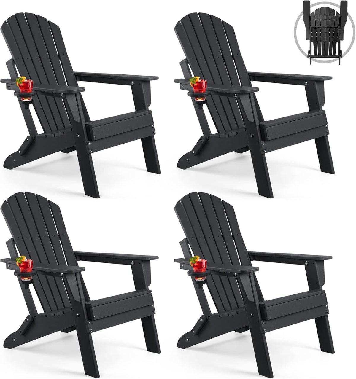Folding Adirondack Chair Set of 4, Fire Pit Chairs with Cup Holder | HDPE All Weather, Quick-Folding, No Rot or Rust