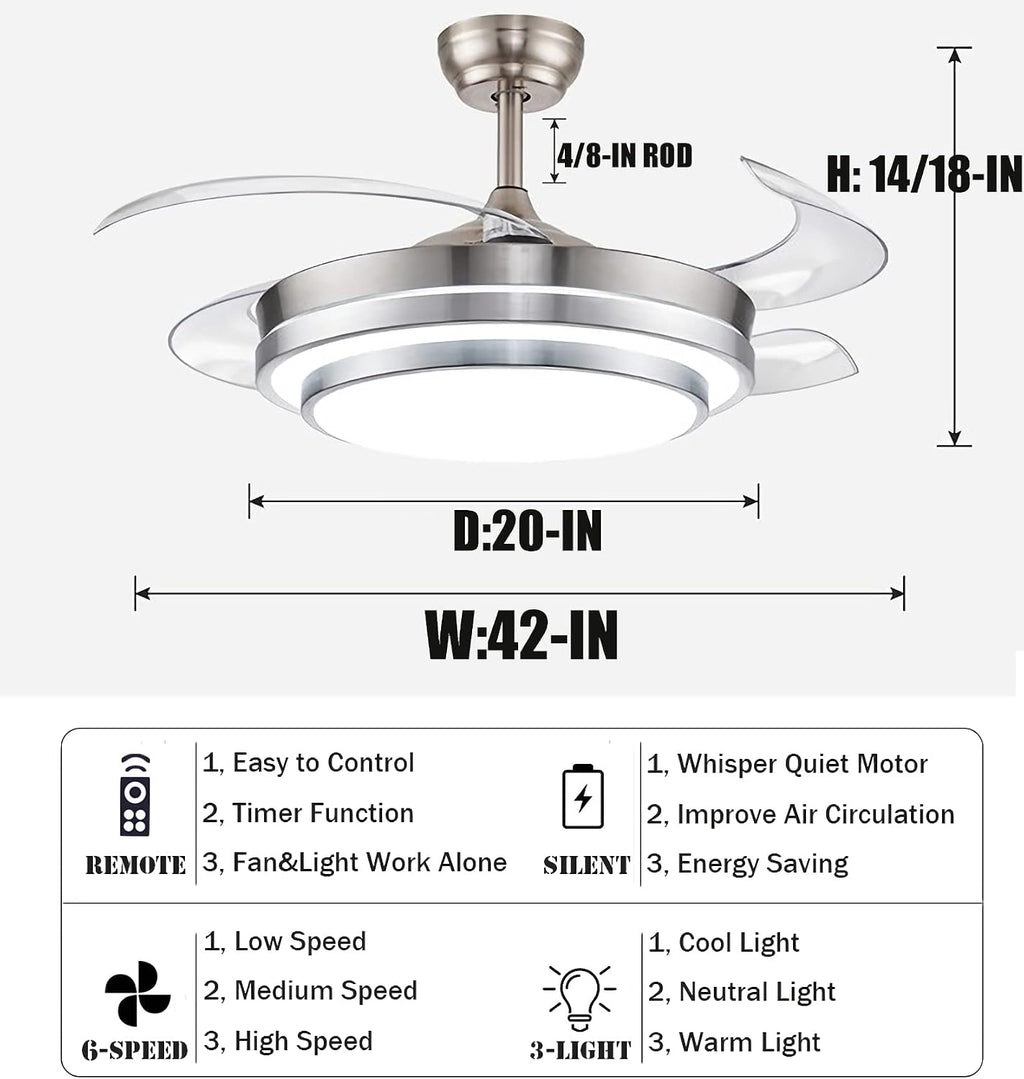 42" Retractable Ceiling Fan with Light & Remote