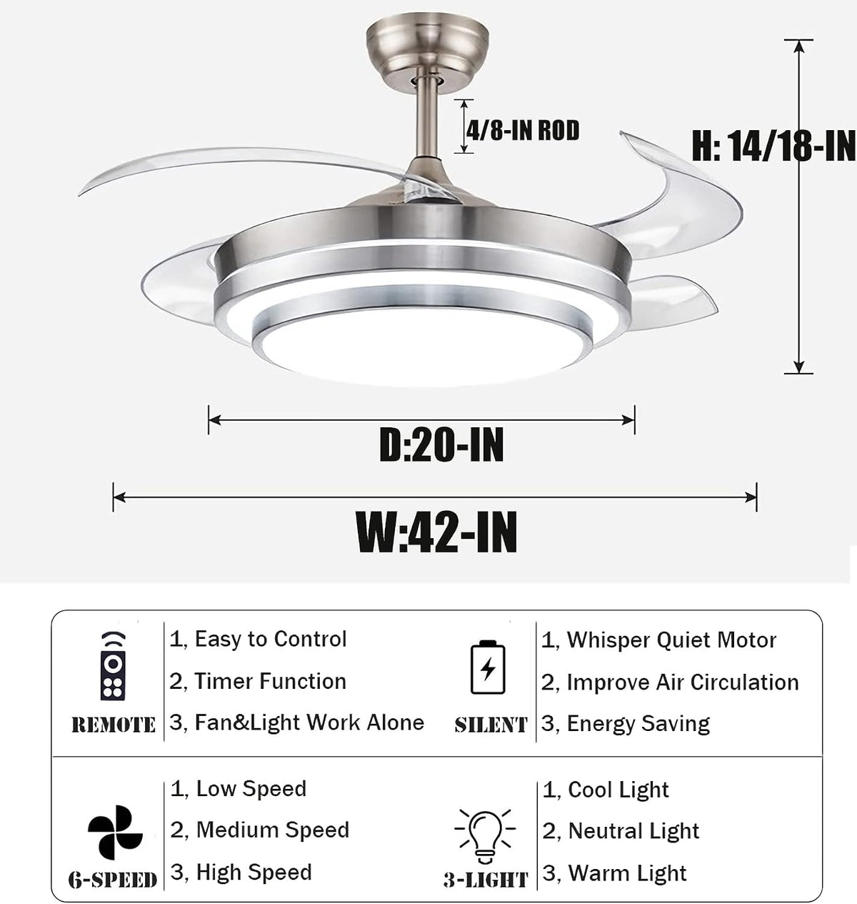 42" Modern Ceiling Light with Fans Remote Control, 4 Retractable Blades with 3 Light Color Change Ceiling Fan for