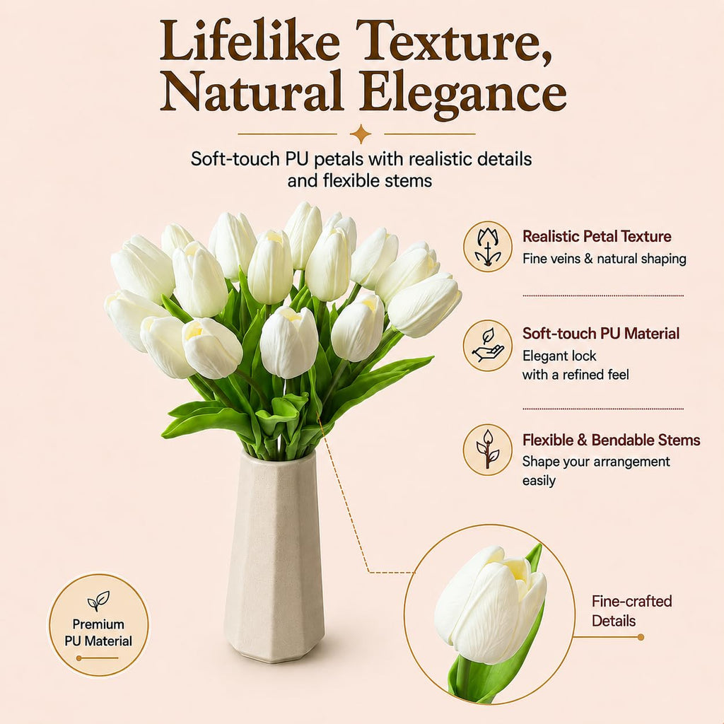20 Stems Pure White Artificial Tulip Flowers Centerpieces
