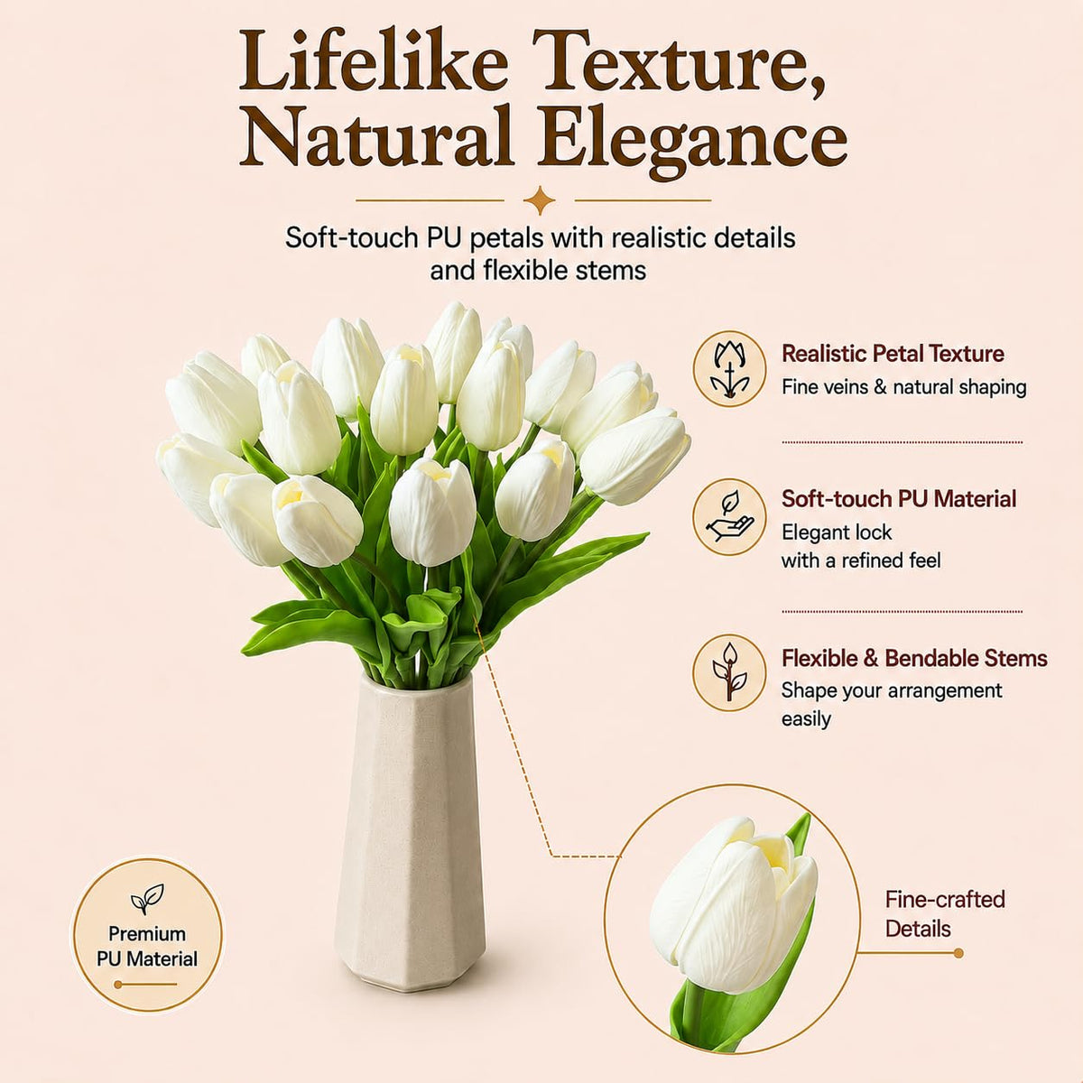 20 Stems Pure White Artificial Tulip Flowers Centerpieces