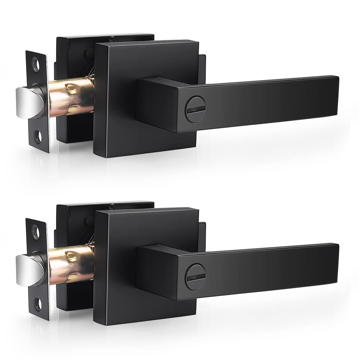 Matte Black Interior Privacy Door Handles, Flat Square Modern Levers with Lock, Heavy Duty Zinc Alloy Lockset for Bed