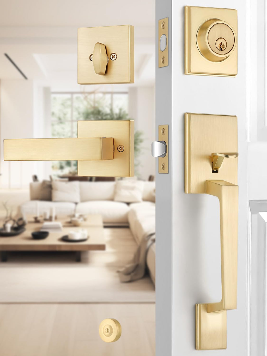 Front Door Handle and Deadbolt Set, Satin Brass Exterior Door Lock Set