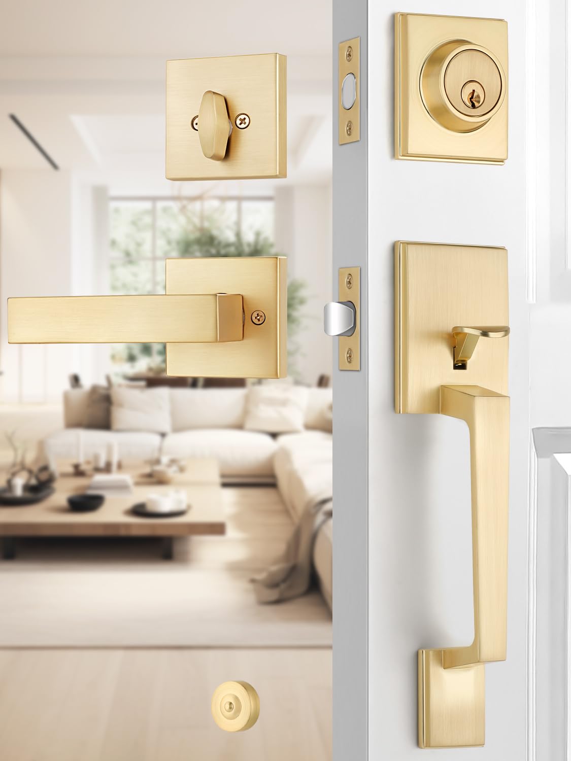 Front Door Handle and Deadbolt Set, Satin Brass Exterior Door Lock Set