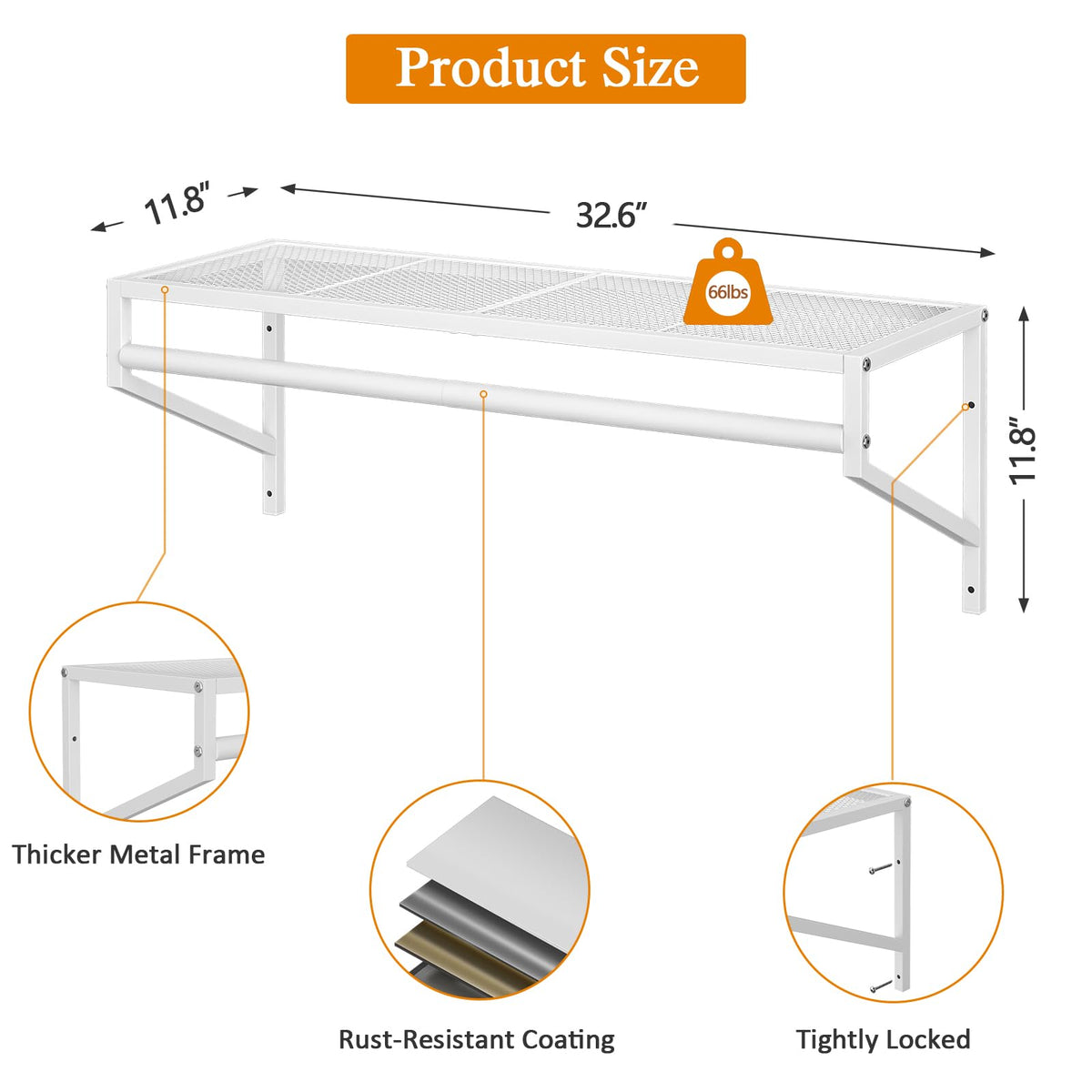 3 Pack Closet Shelves Wall Mounted, 2.7 ft x 11.8in Wire Closet Shelf with Hanging Rod, White Metal Clothes