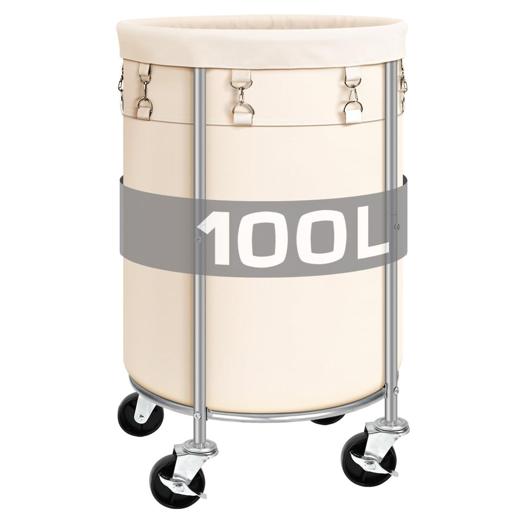 100L Round Rolling Laundry Hamper Basket with Wheels, Beige