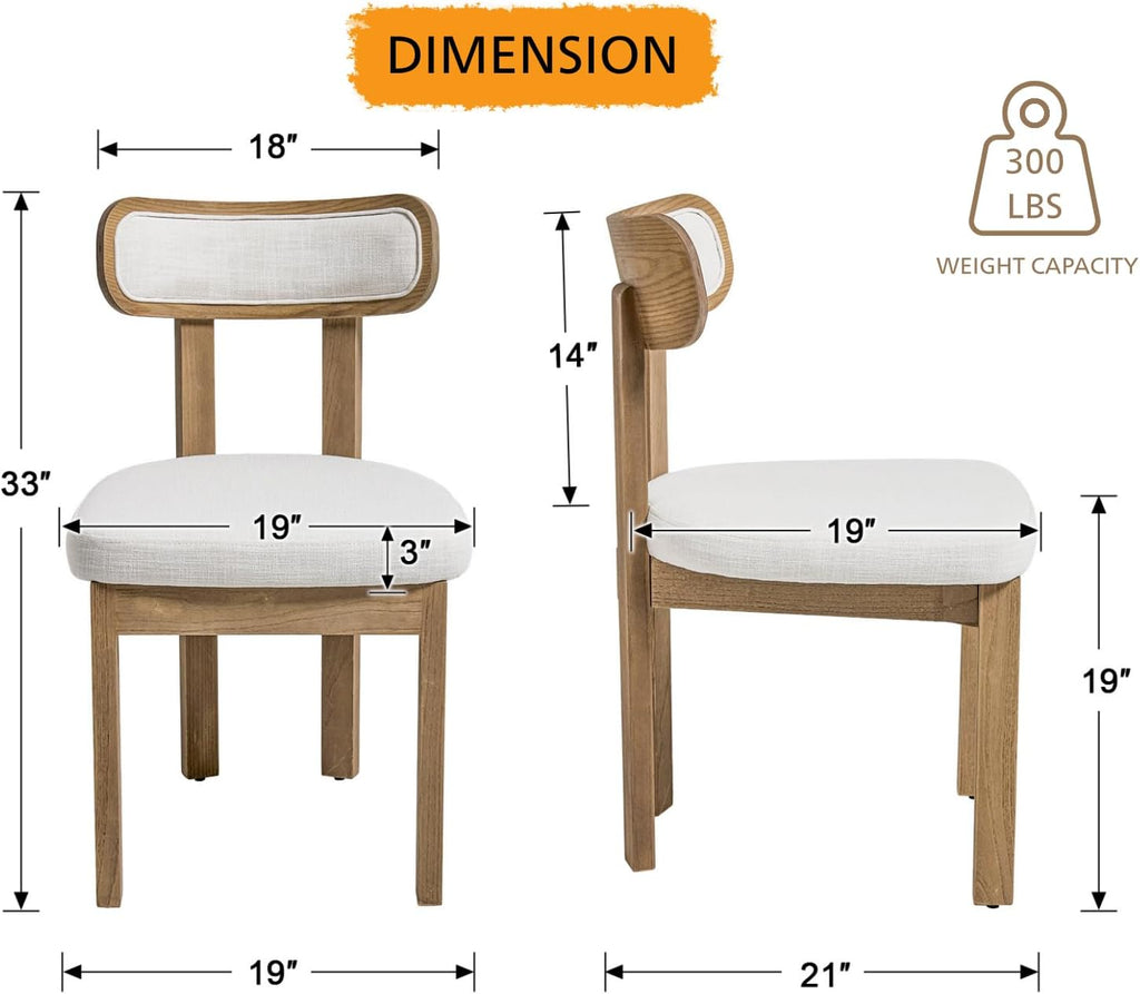 Farmhouse Dining Chairs Set of 2, Upholstered Linen Dining Room Chairs with Curved Backrest and Wood Legs for Kitchen or Restaurant, Beige
