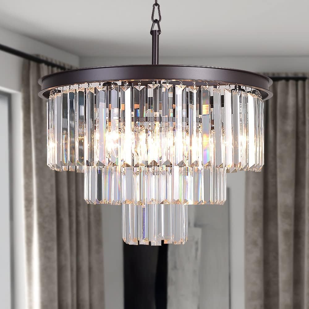 Bronze 3-Tier Crystal Chandelier, Modern Layered Fixture with Warm Metal Frame