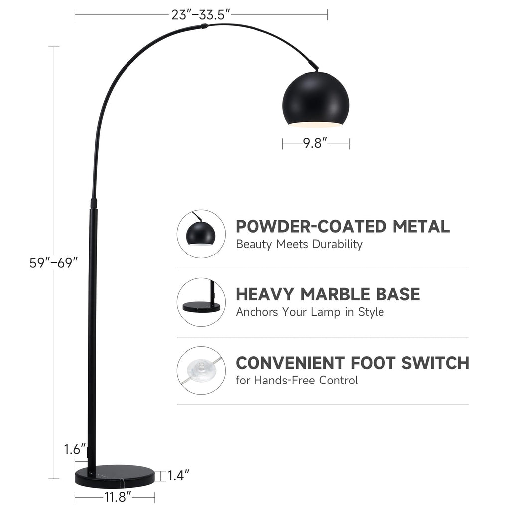 Modern Arc Floor Lamp 69", Arch Floor Lamps with LED Bulb, Inner White Metal Shade and Marble Base, Contemporary