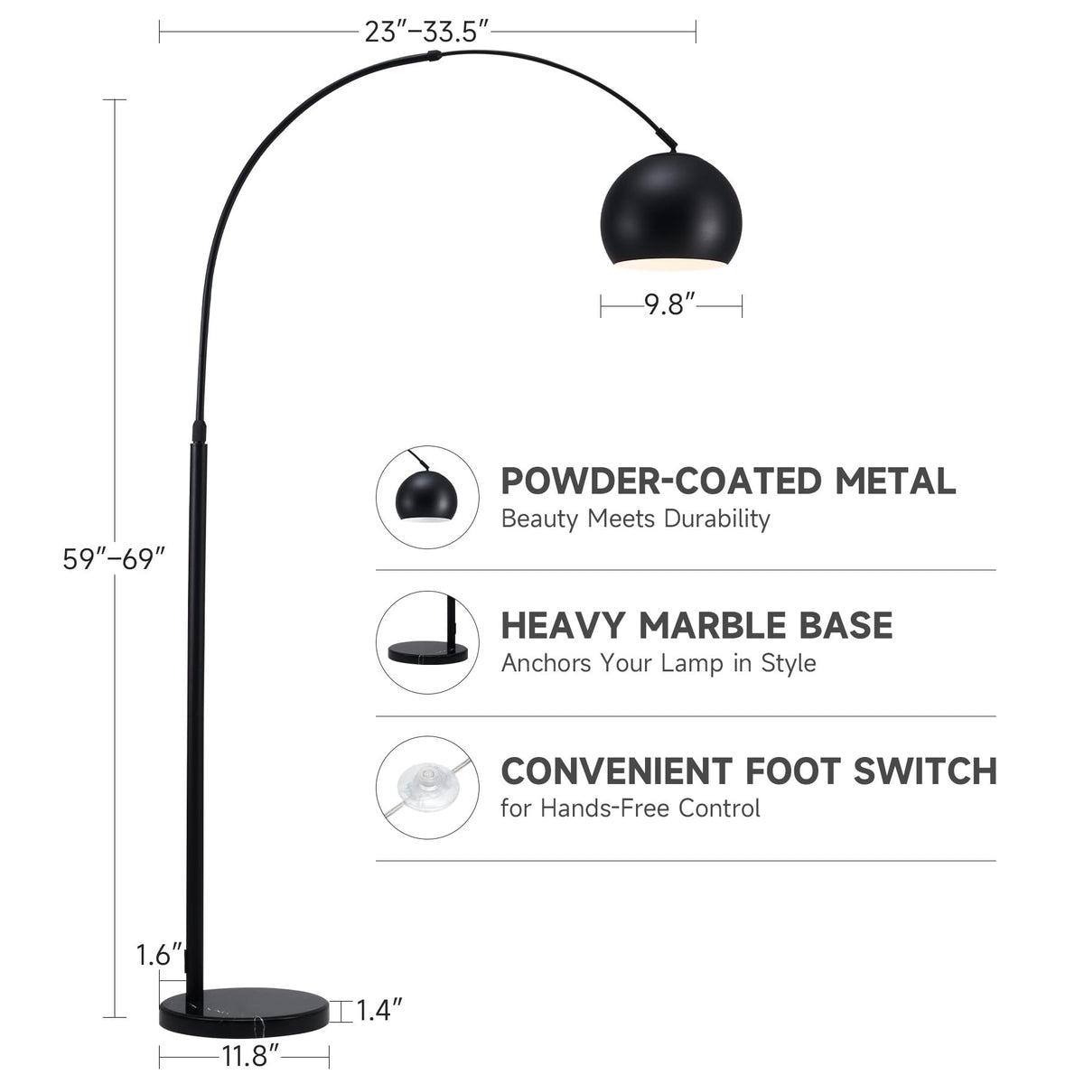Modern Arc Floor Lamp 69", Arch Floor Lamps with LED Bulb, Inner White Metal Shade and Marble Base, Contemporary