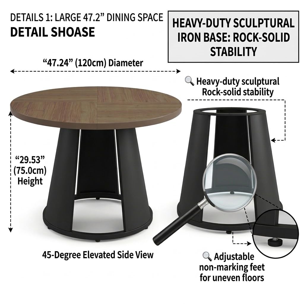 Inspired Saarinen Style 47.2" Round Dining Table Set for 4, Modern Wood Table with 4 Upholstered Leather Chairs, Metal Pedestal Base