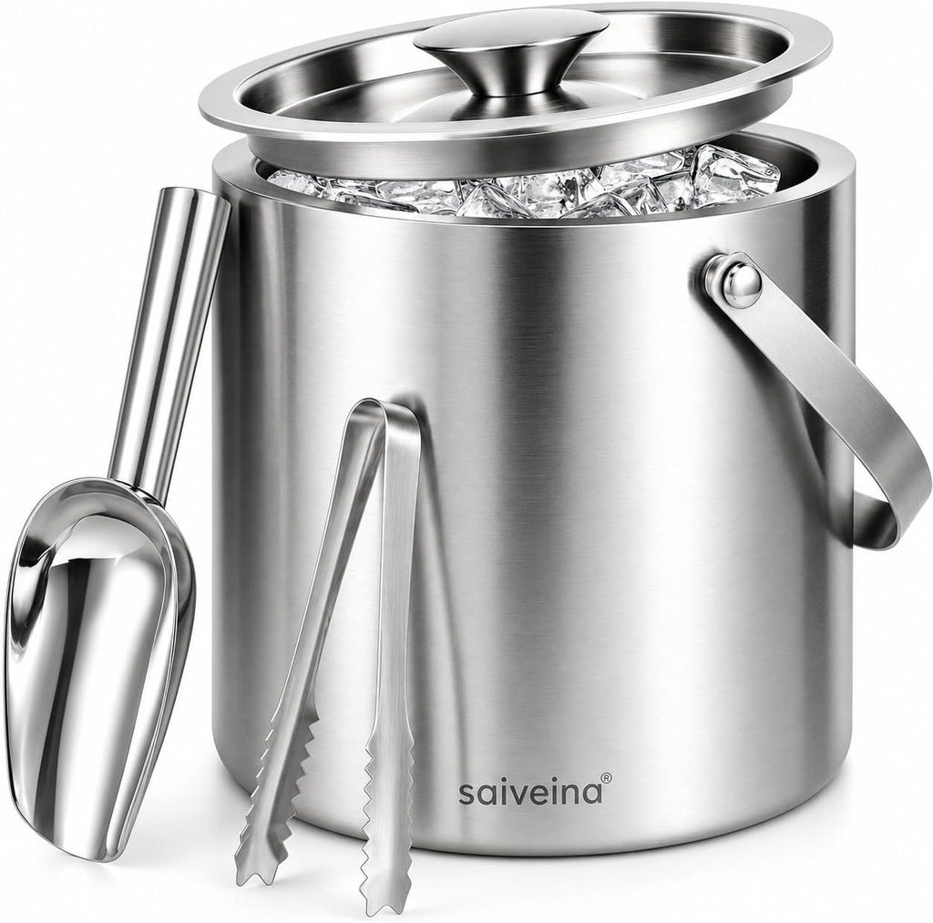 3L Double-Wall Stainless Steel Ice Bucket with Lid, Scoop, Tongs & Handle - Insulated Ice Container for Parties, Bar