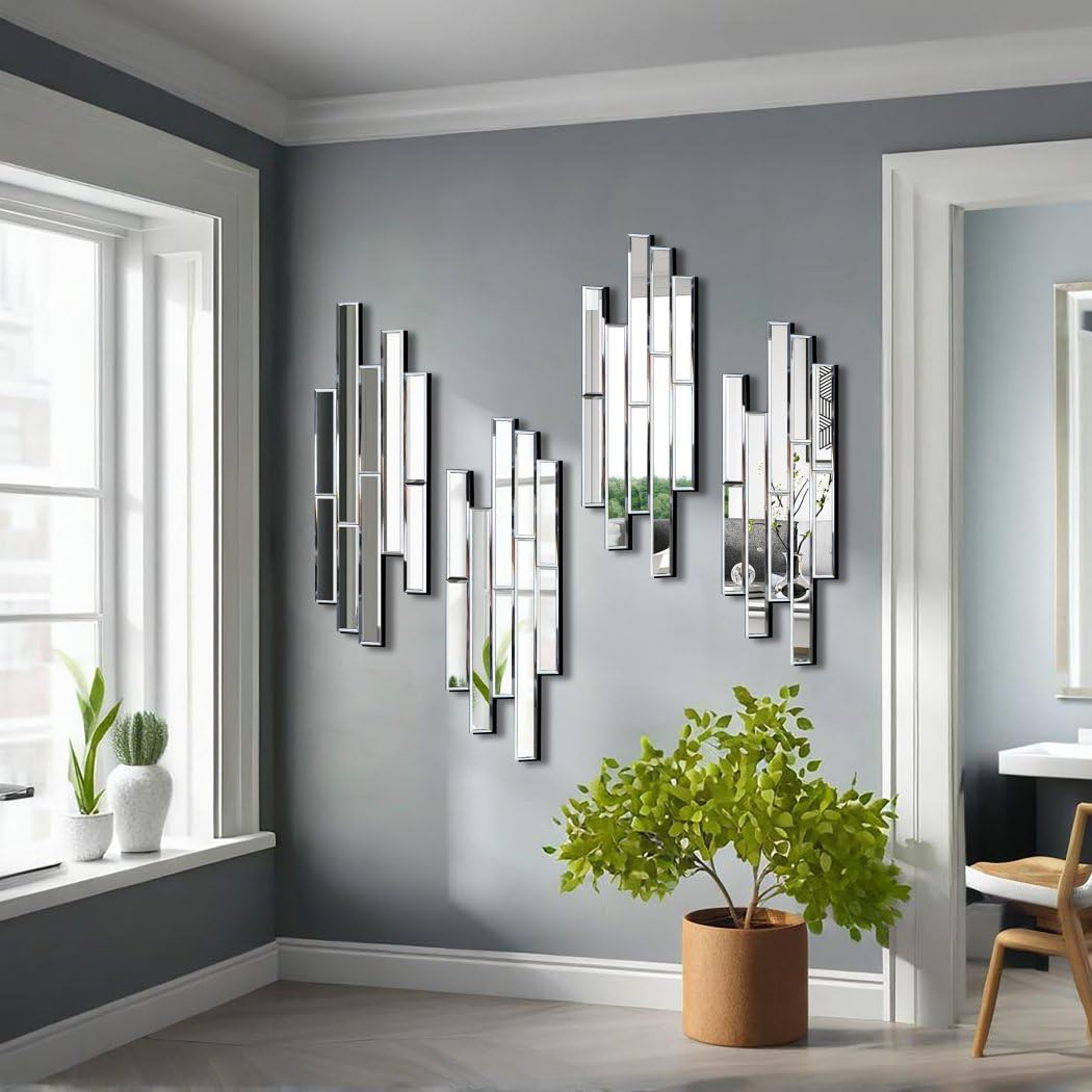 Artisan Set of 4 Silver Beveled Wall Decor Mirrors - 24x8 Inch Each, Creative Combination Design for Modern &