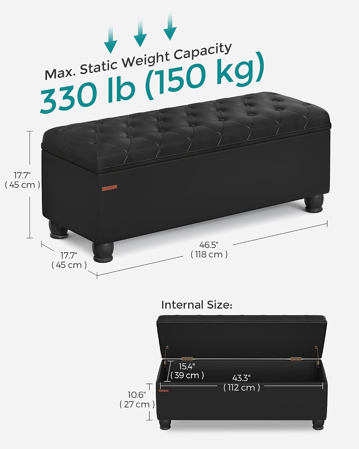 Storage Ottoman, Storage Bench, Tufted Entryway Bedroom Bench, 17.7 x 46.5 x 17.7 Inches, Hinges Easy Lid Operation