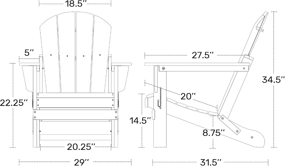 Laguna Folding Adirondack Chairs Set of 2, HDPE Patio Chair, All Weather Use Fire Pit Chair for