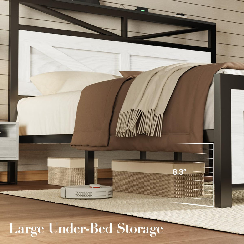Rustic Bed Frame with Barn Door Headboard and Storage, Farmhouse LED Bed Frame with Charging Station