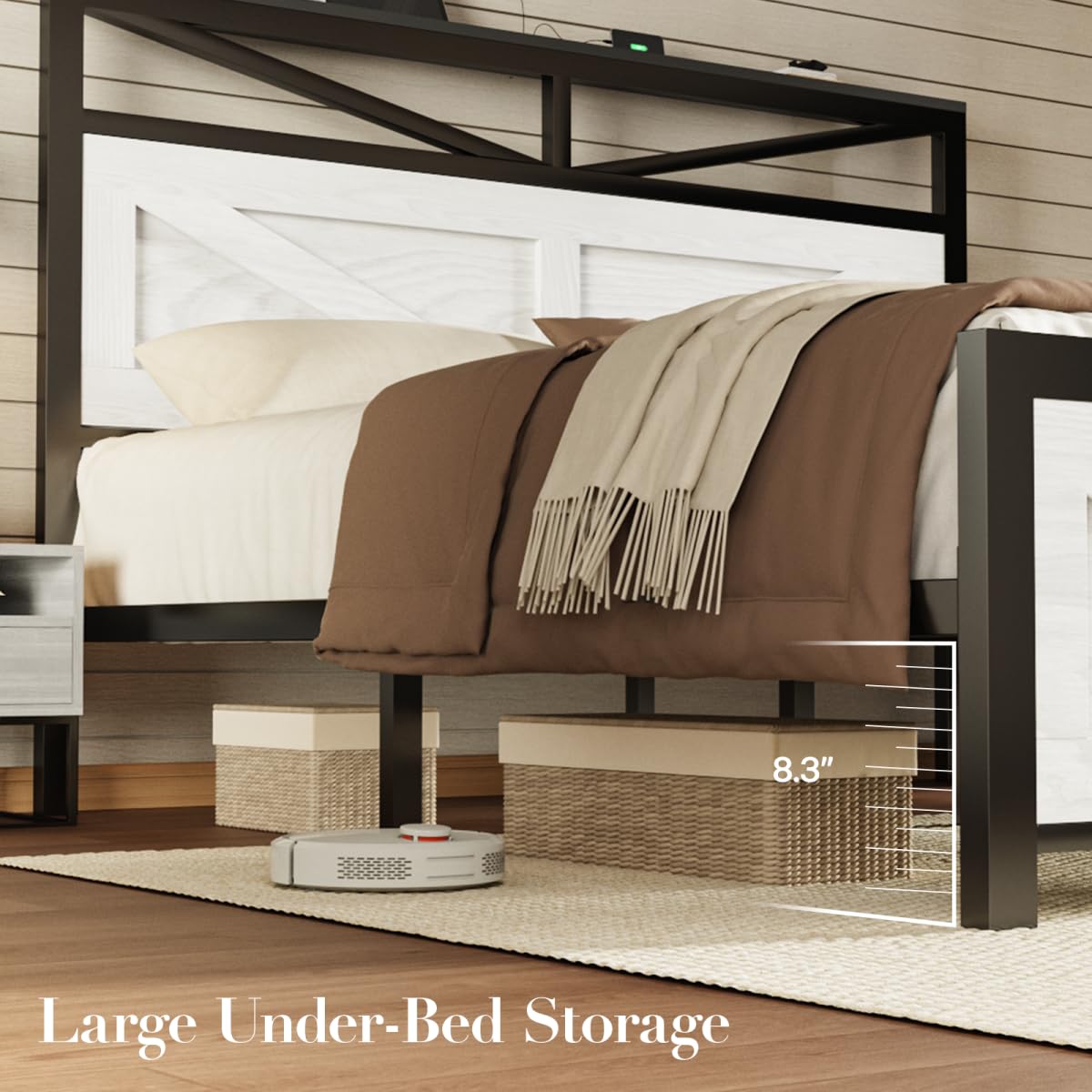 Rustic Bed Frame with Barn Door Headboard and Storage, Farmhouse LED Bed Frame with Charging Station